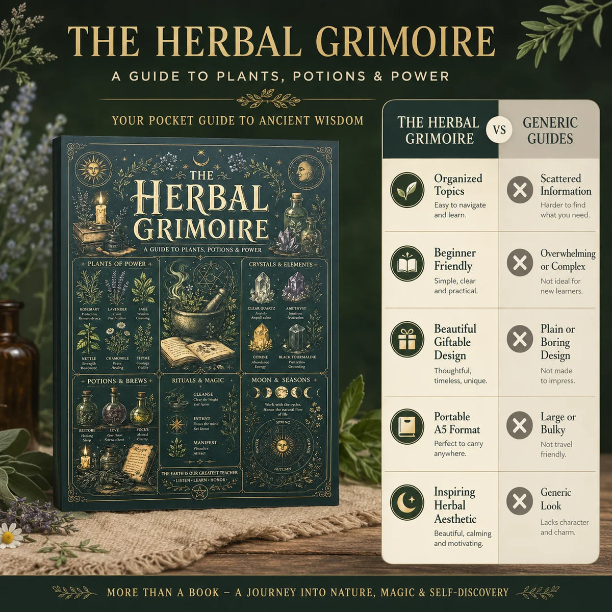 The Herbal Grimoire Guide to Plants Potions Power Natural Witchcraft Book for Beginners Herbalism Magic Rituals A5 Field Guide