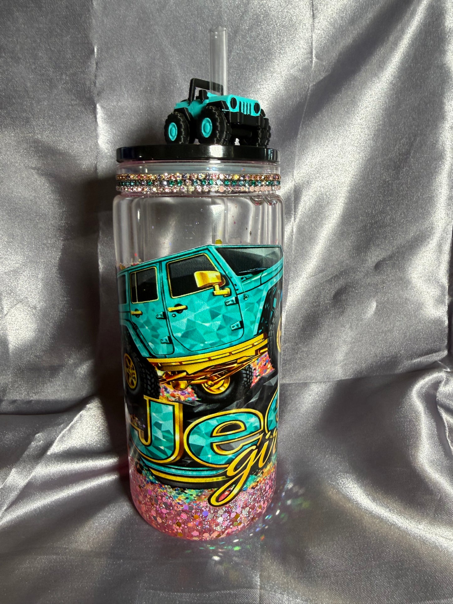 Snow Globe Jeep Tumbler with Straw Topper"