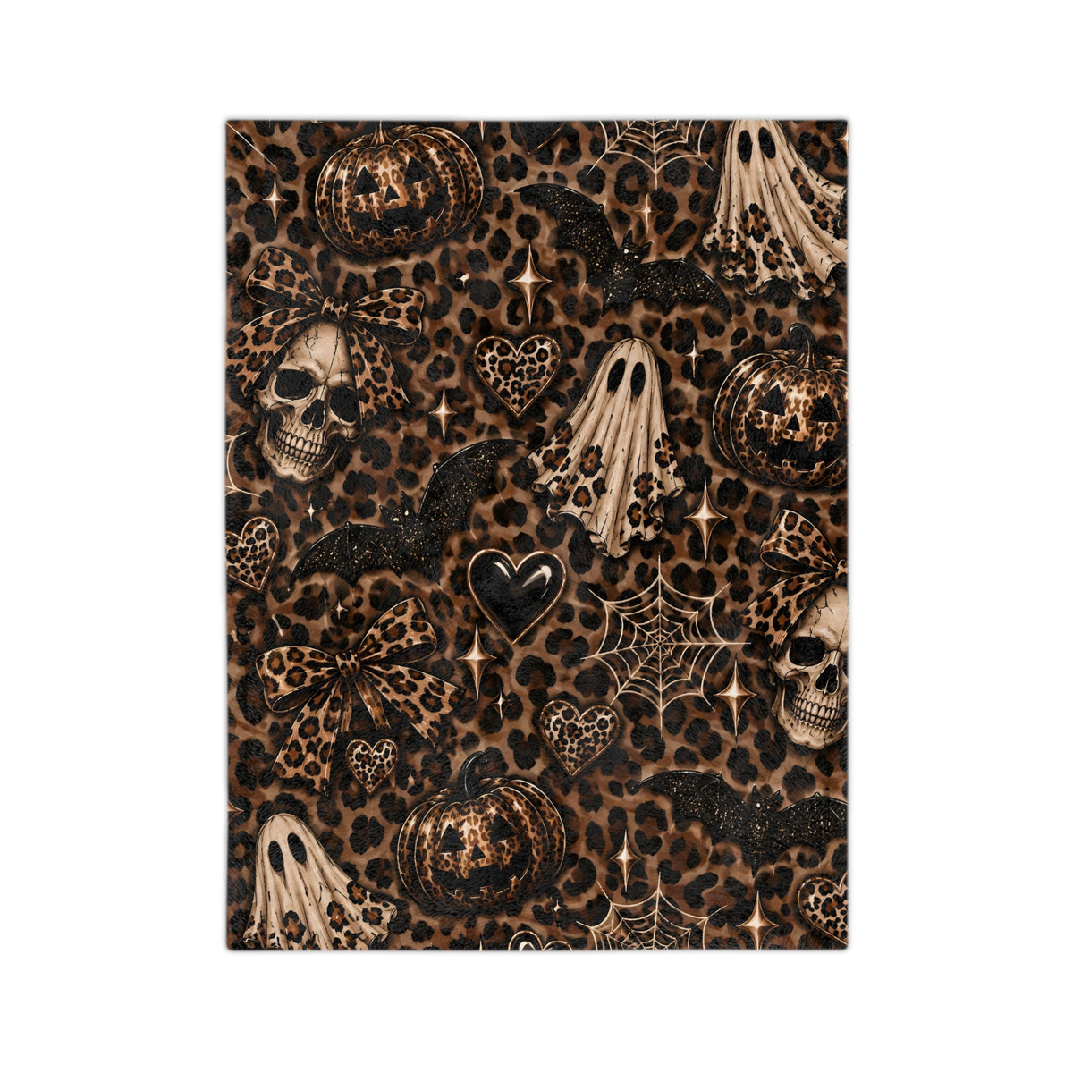 Halloween Leopard Skull Blanket — Velveteen Microfiber Throw with Ghosts, Pumpkins & Hearts