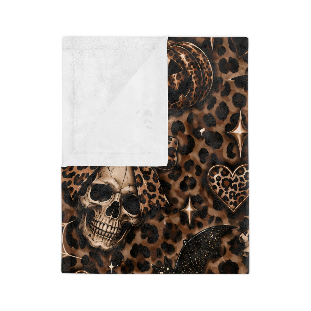 Halloween Leopard Skull Blanket — Velveteen Microfiber Throw with Ghosts, Pumpkins & Hearts