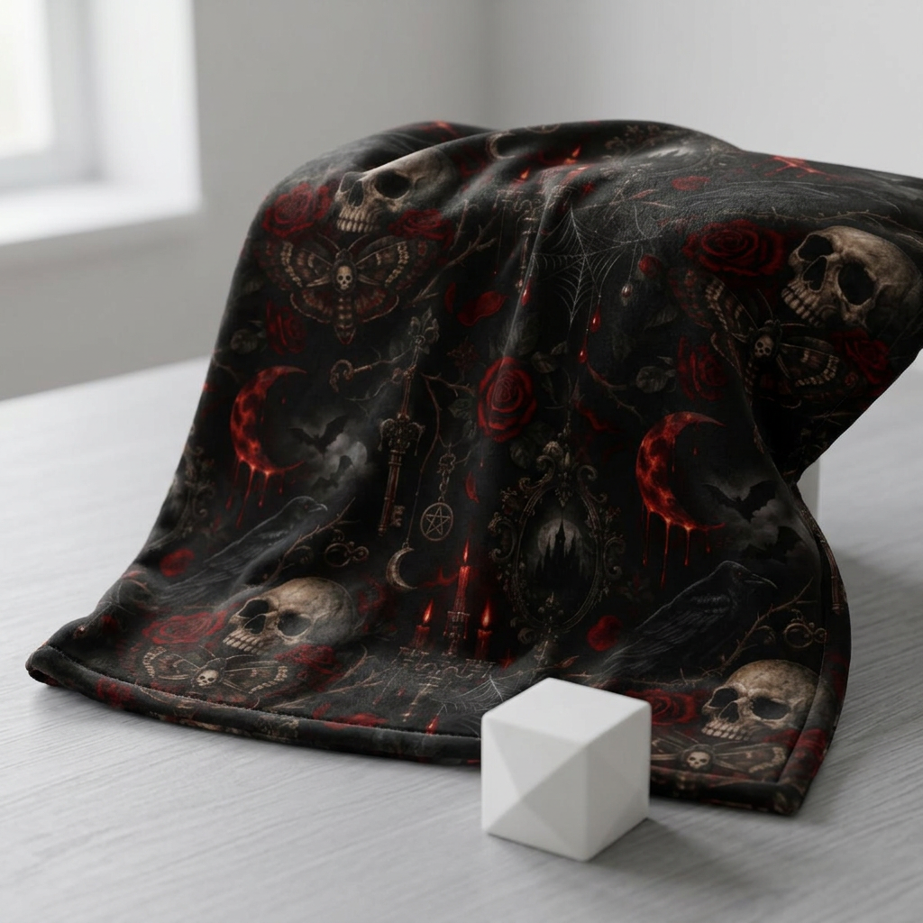Gothic Skull & Roses Velveteen Plush Blanket — Dark Raven Candelabra Throw