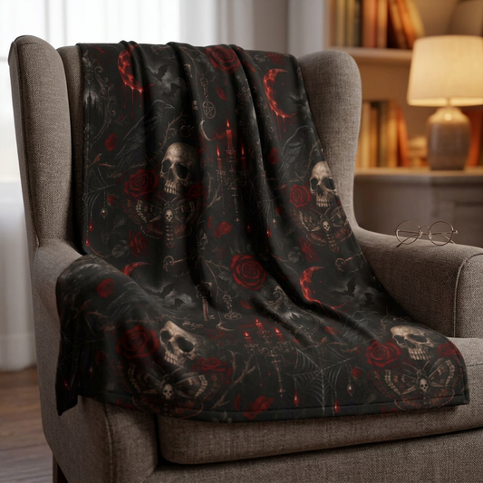 Gothic Skull & Roses Velveteen Plush Blanket — Dark Raven Candelabra Throw