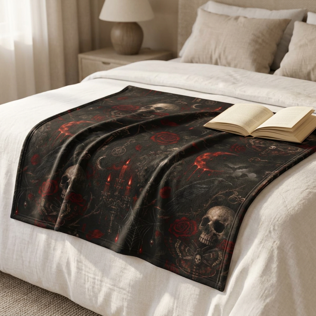 Gothic Skull & Roses Velveteen Plush Blanket — Dark Raven Candelabra Throw