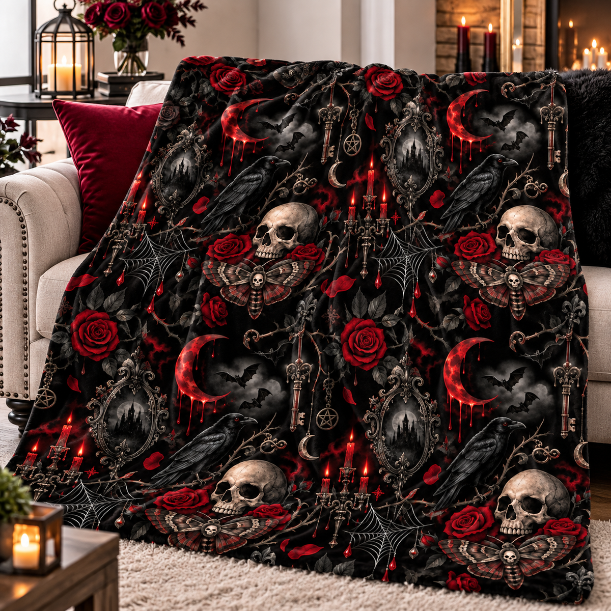 Gothic Skull & Roses Velveteen Plush Blanket — Dark Raven Candelabra Throw