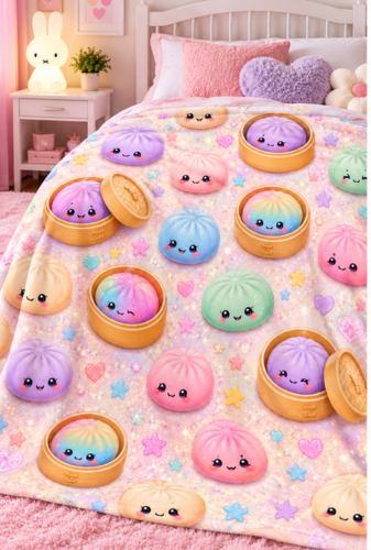 Kawaii Dim Sum Plush Blanket – Pastel Rainbow Dumpling Throw