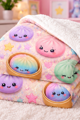 Kawaii Dim Sum Plush Blanket – Pastel Rainbow Dumpling Throw