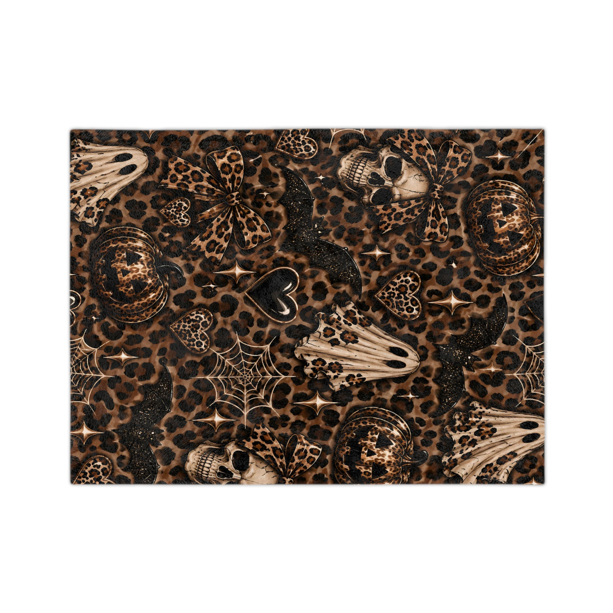 Halloween Leopard Skull Blanket — Velveteen Microfiber Throw with Ghosts, Pumpkins & Hearts