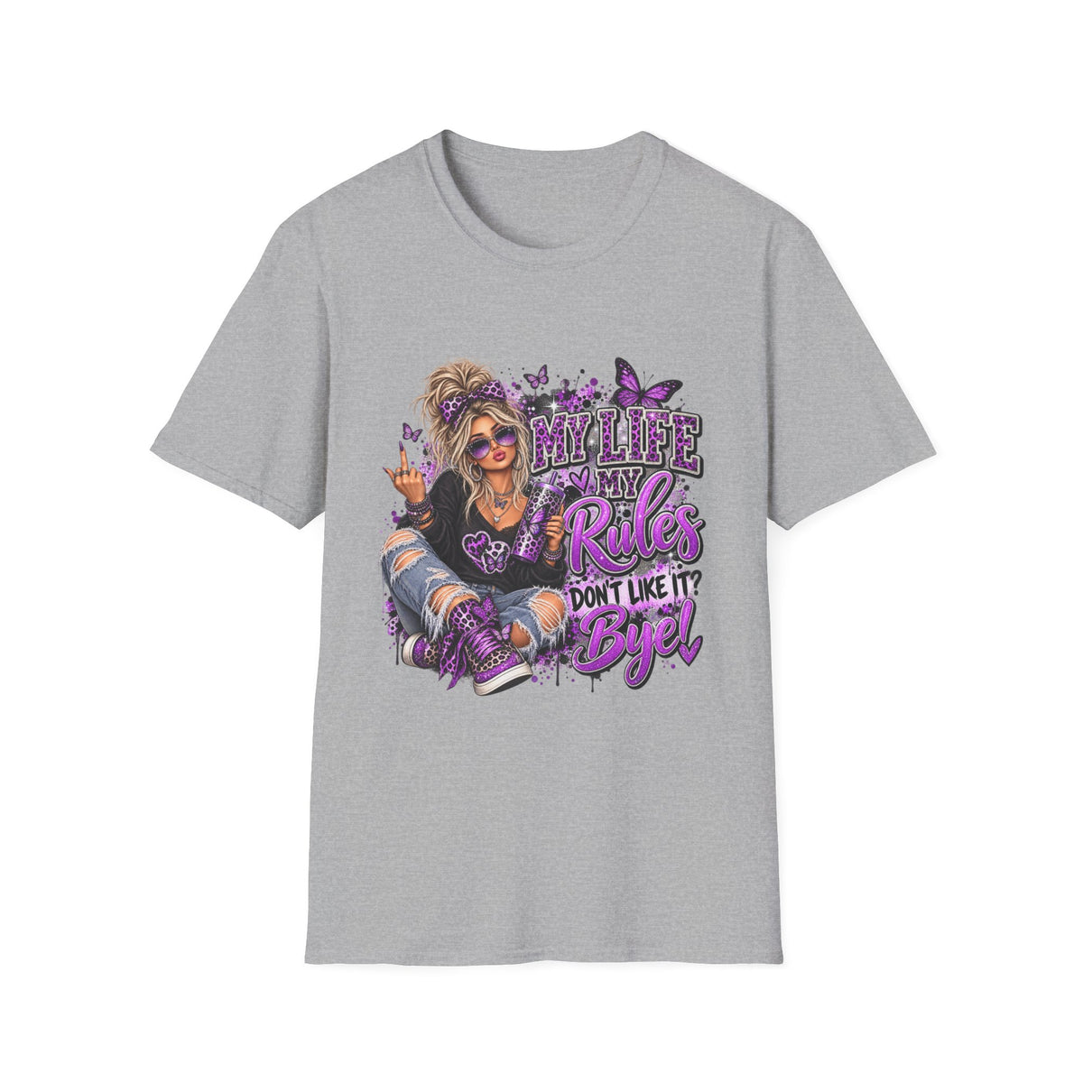 My Life, My Rules Graphic T-Shirt — "Don't Like It? Bye!" Purple Butterfly Punk Tee