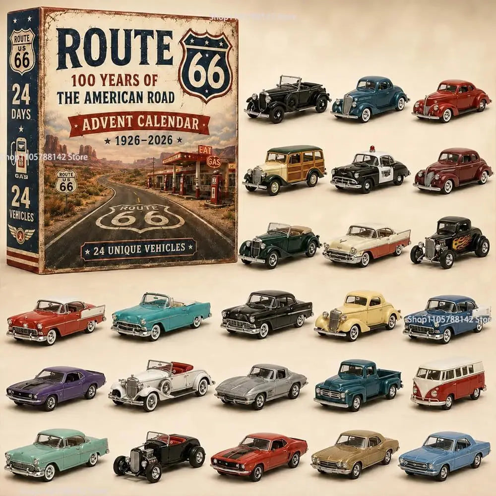 Vintage Vehicles Advent Calendar 24 Days,24 Unique Acrylic Car Collectibles, Classic American Road Theme for Car Lovers