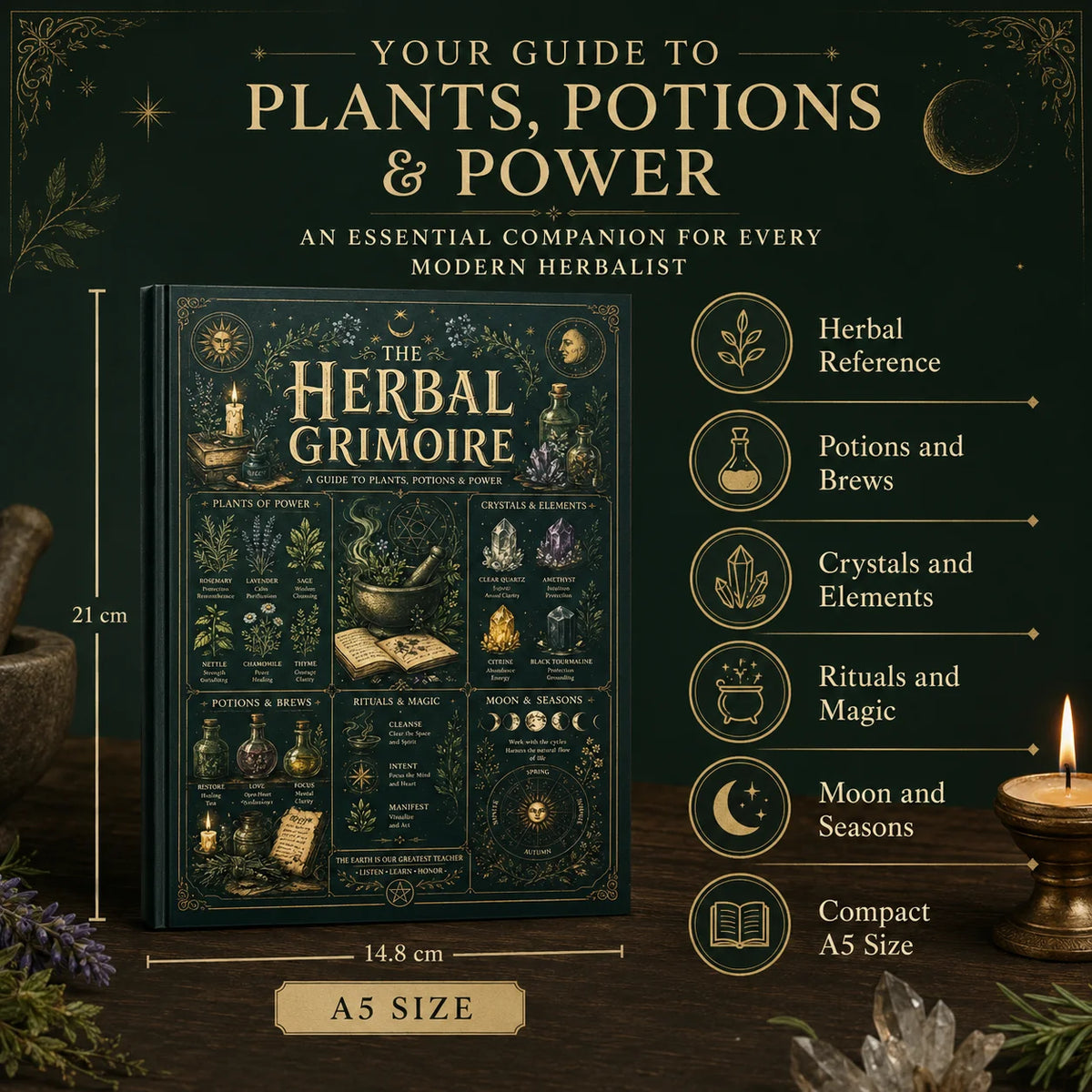 The Herbal Grimoire Guide to Plants Potions Power Natural Witchcraft Book for Beginners Herbalism Magic Rituals A5 Field Guide