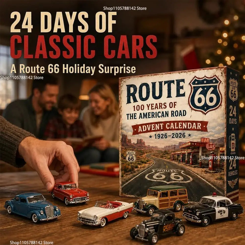 Vintage Vehicles Advent Calendar 24 Days,24 Unique Acrylic Car Collectibles, Classic American Road Theme for Car Lovers