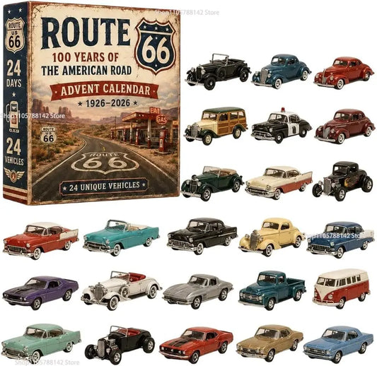 Vintage Vehicles Advent Calendar 24 Days,24 Unique Acrylic Car Collectibles, Classic American Road Theme for Car Lovers