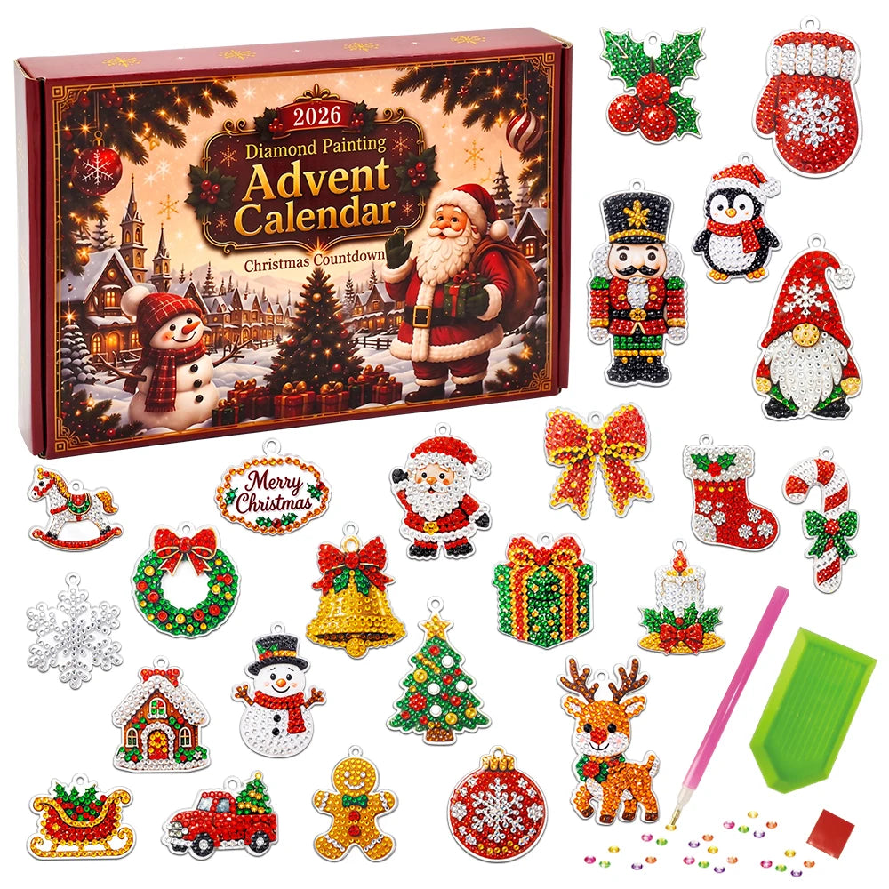 2026 Christmas Advent Calendar DIY Diamond Art Kit, 24 Days Countdown Make Your Own Christmas Tree Hanging Ornaments, 5D Diamond