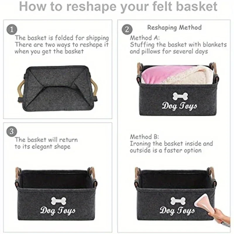 Stylish Felt Pet Toy Storage Basket - Durable Organizer for Cat & Dog Toys, Dirty Clothes, and Cleaning Supplies - Letter Print
