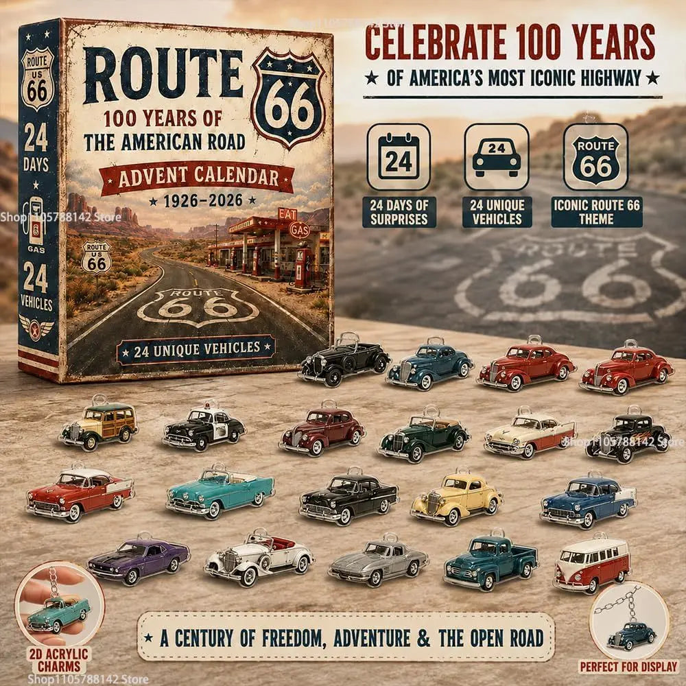 Vintage Vehicles Advent Calendar 24 Days,24 Unique Acrylic Car Collectibles, Classic American Road Theme for Car Lovers