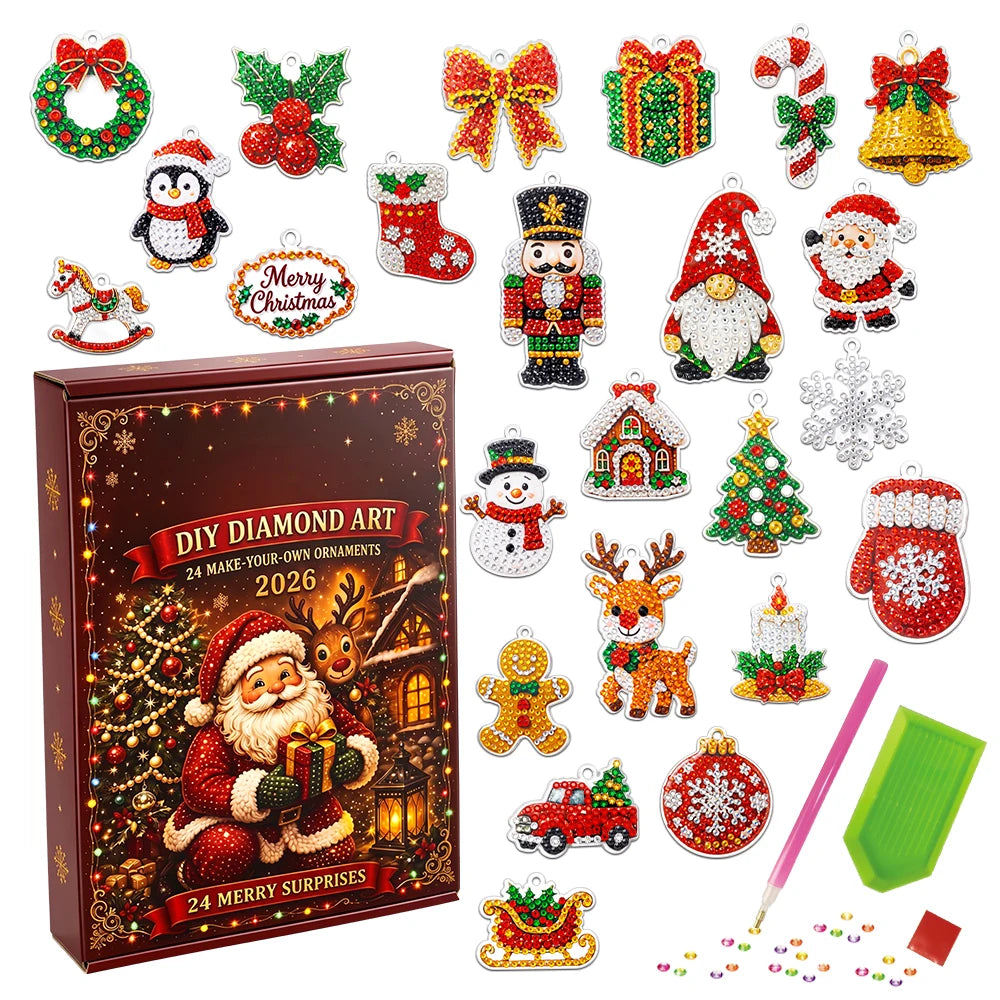 2026 Christmas Advent Calendar DIY Diamond Art Kit, 24 Days Countdown Make Your Own Christmas Tree Hanging Ornaments, 5D Diamond