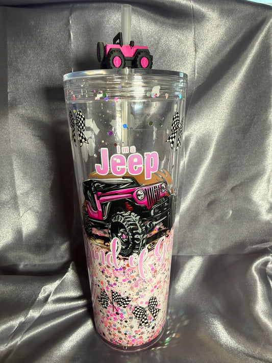 Snow Globe Jeep Tumbler with Straw Topper