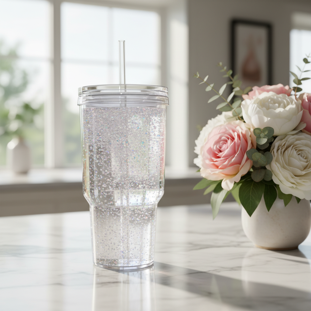 40oz Snow Globe Tumbler lifestyle shot on marble countertop - Elevated Wings