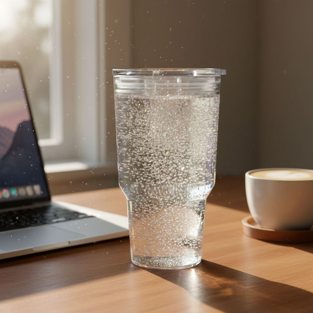 24oz Acrylic Snow Globe Tumbler lifestyle shot on desk - Elevated Wings
